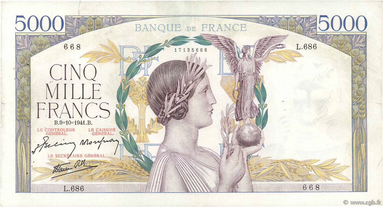 5000 Francs VICTOIRE Impression à plat FRANKREICH  1941 F.46.27 fSS