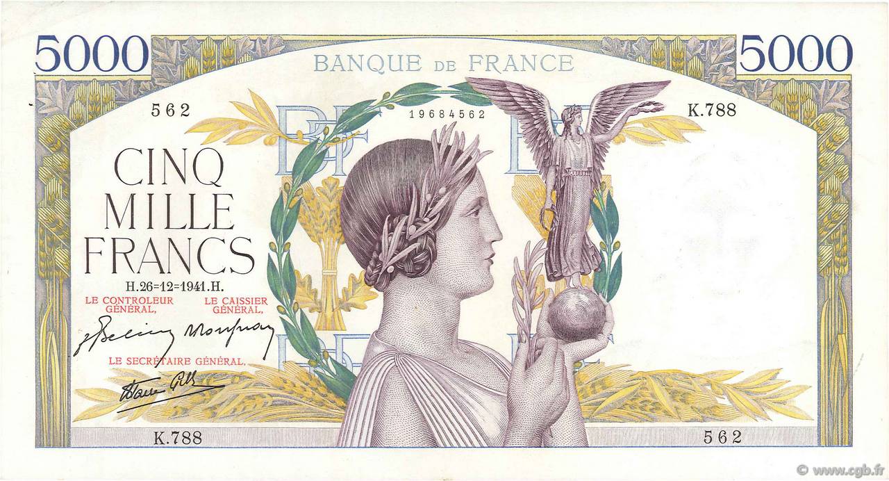 5000 Francs VICTOIRE Impression à plat FRANCE  1941 F.46.31 XF