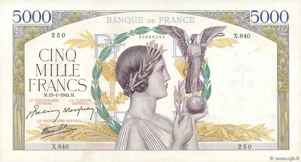 5000 Francs VICTOIRE Impression à plat FRANKREICH  1942 F.46.33 fVZ