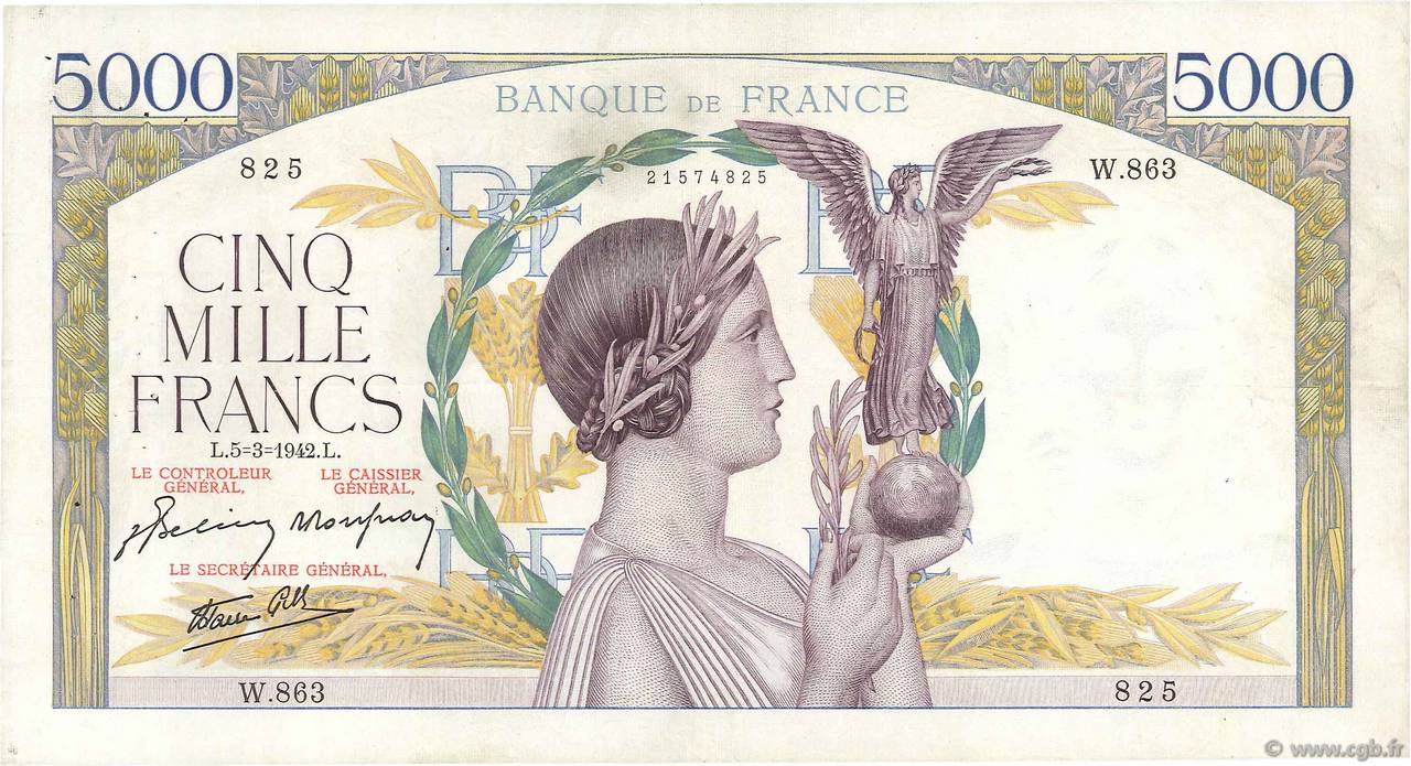 5000 Francs VICTOIRE Impression à plat FRANCIA  1942 F.46.34 BB