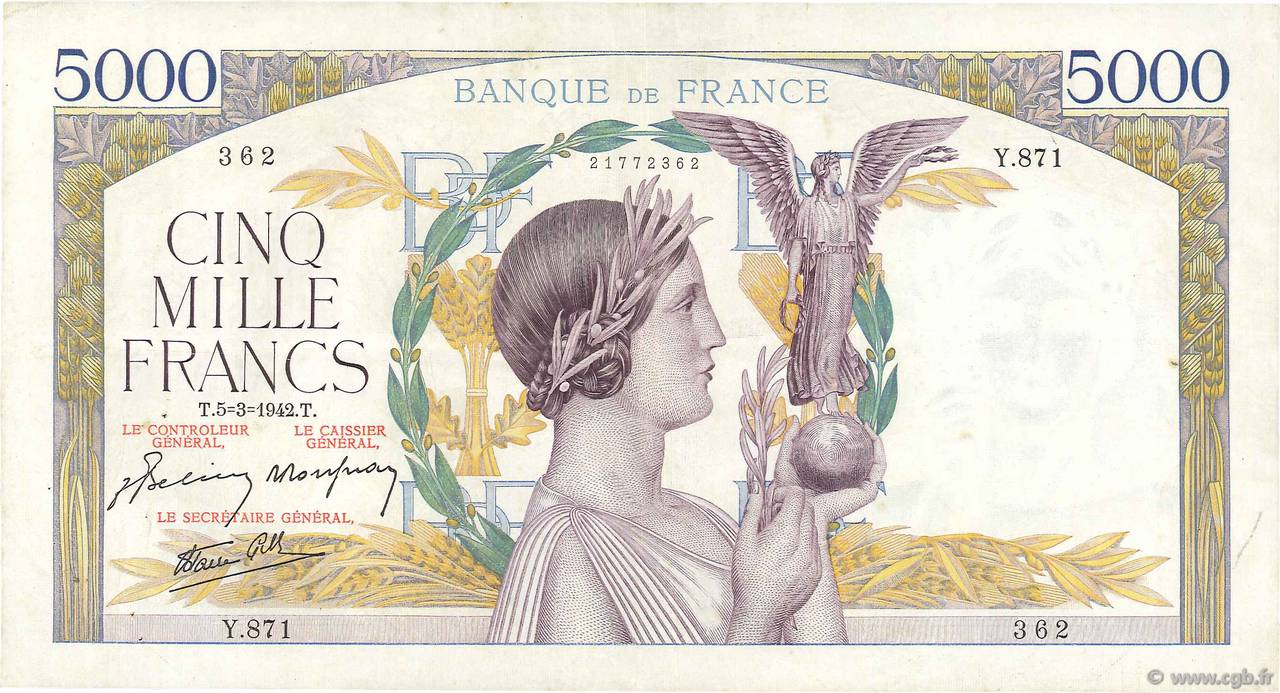 5000 Francs VICTOIRE Impression à plat FRANCE  1942 F.46.34 VF