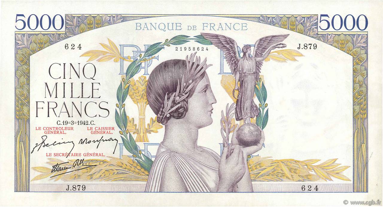 5000 Francs VICTOIRE Impression à plat FRANKREICH  1942 F.46.35 fST