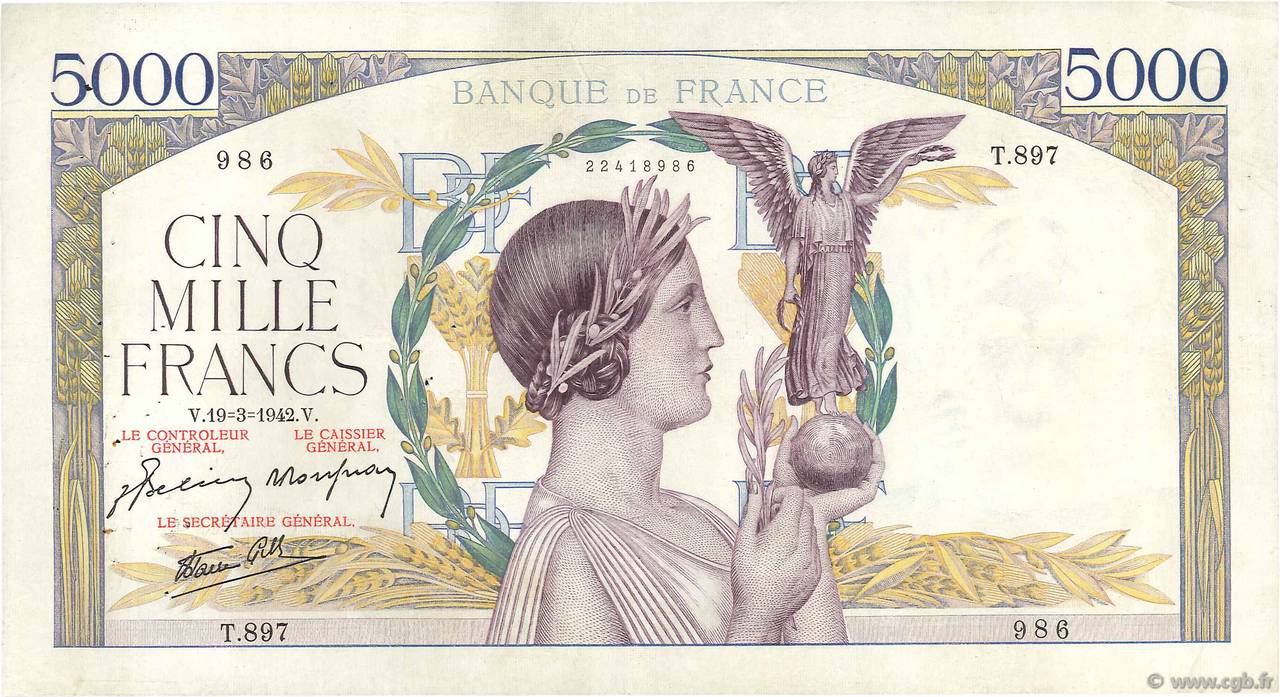 5000 Francs VICTOIRE Impression à plat FRANKREICH  1942 F.46.35 fSS