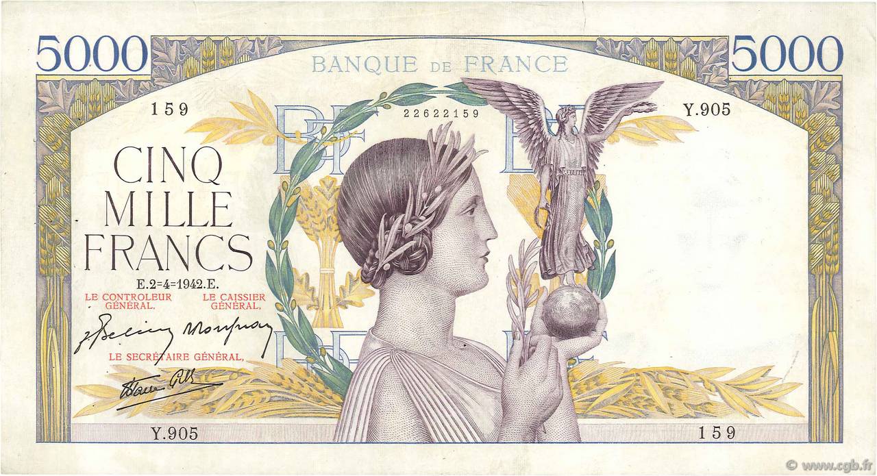 5000 Francs VICTOIRE Impression à plat FRANCE  1942 F.46.36 TTB