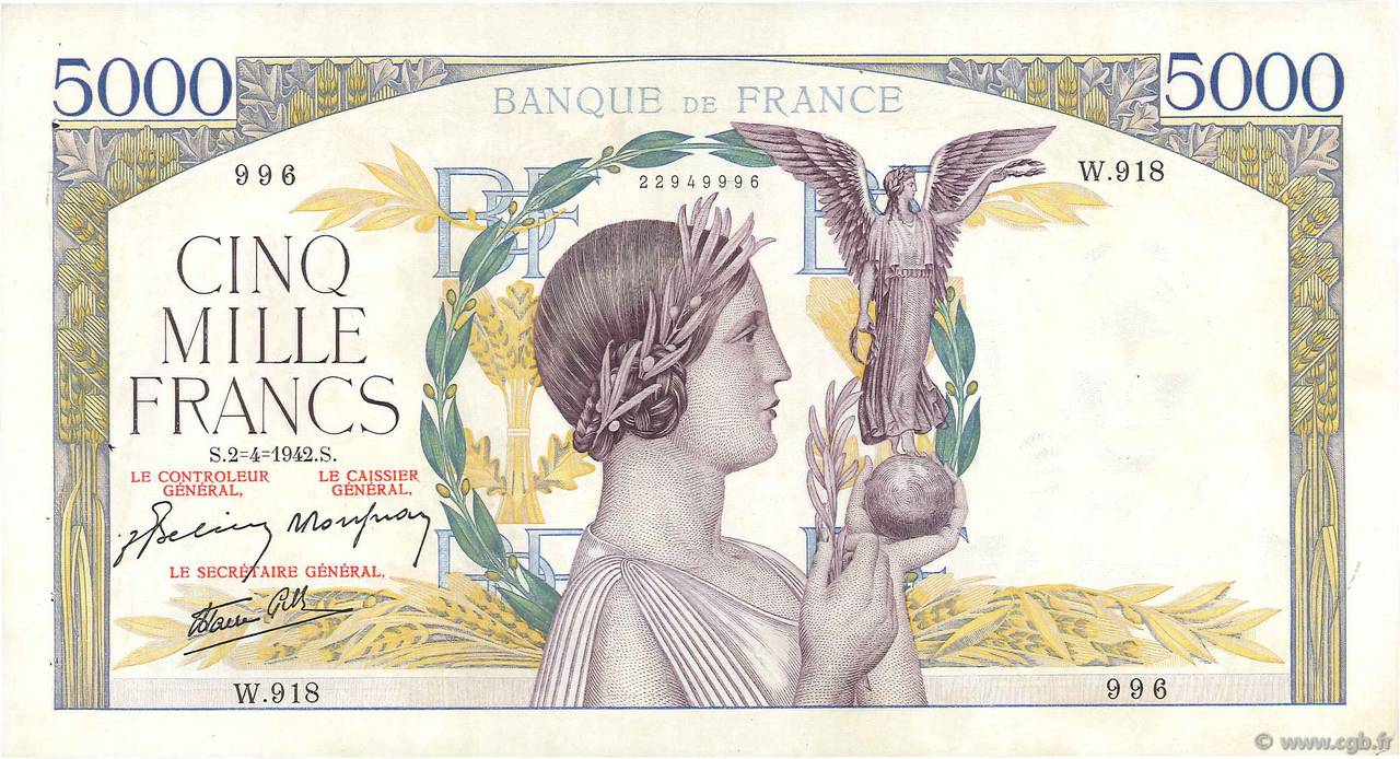 5000 Francs VICTOIRE Impression à plat FRANCE  1942 F.46.36 TTB+