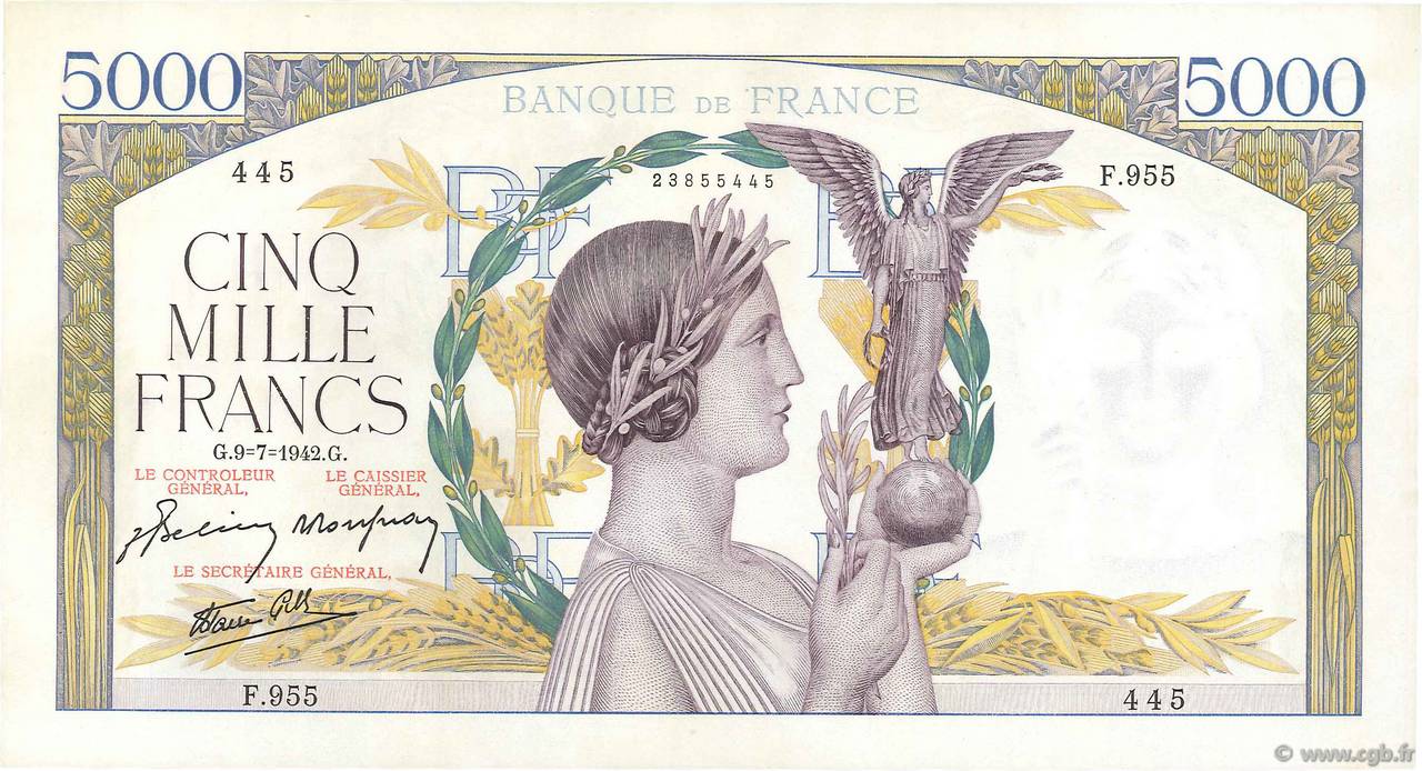 5000 Francs VICTOIRE Impression à plat FRANCIA  1942 F.46.38 q.AU