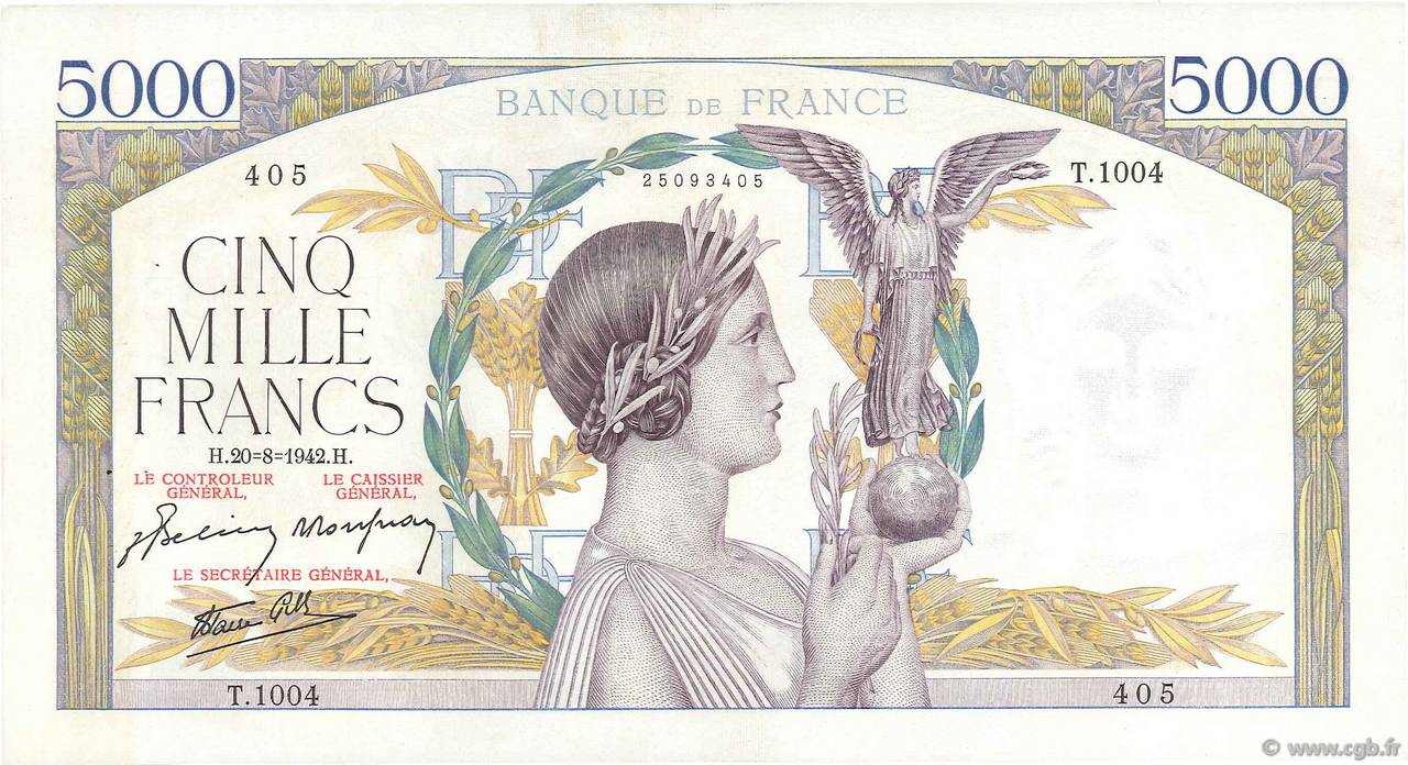 5000 Francs VICTOIRE Impression à plat FRANCIA  1942 F.46.40 q.SPL
