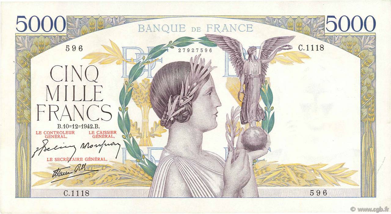 5000 Francs VICTOIRE Impression à plat FRANCIA  1942 F.46.45 SPL
