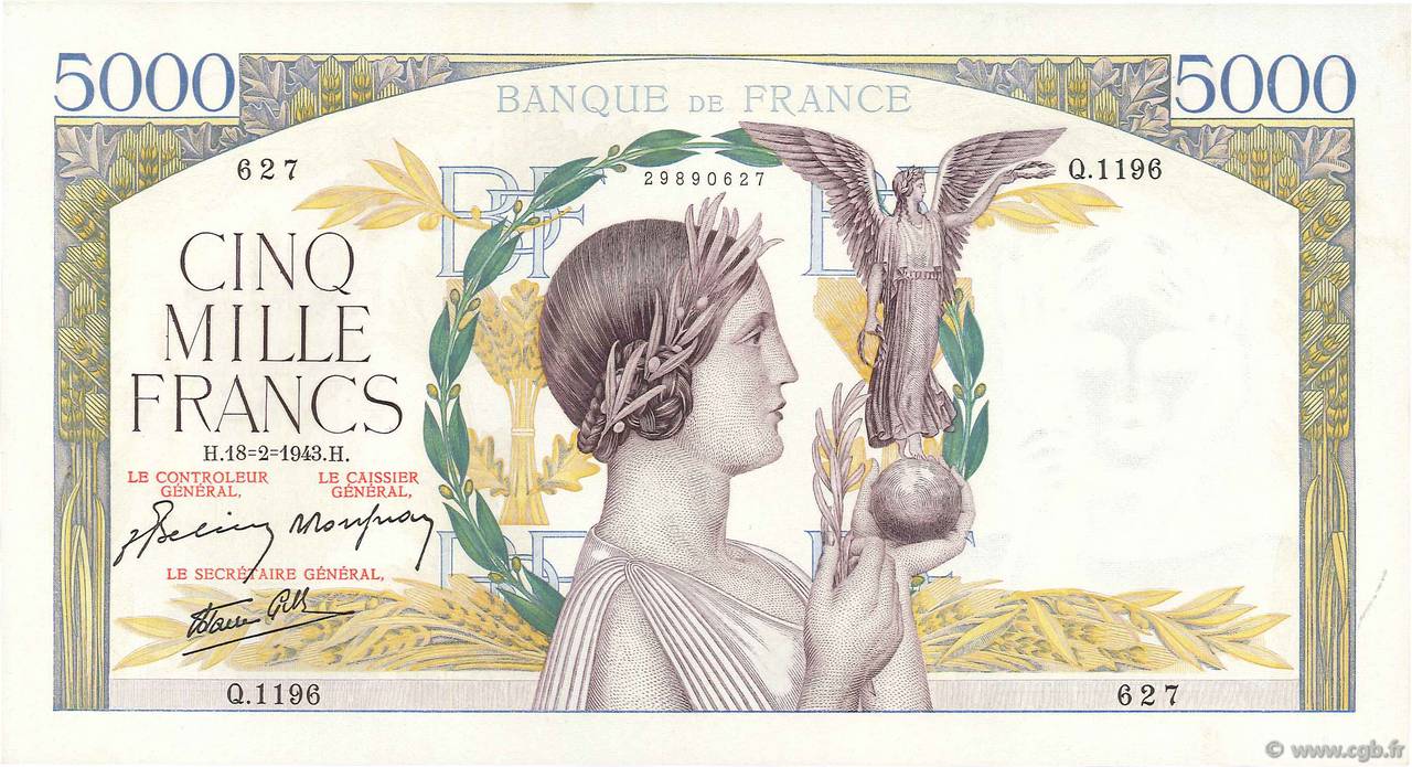 5000 Francs VICTOIRE Impression à plat FRANCE  1943 F.46.48 XF+