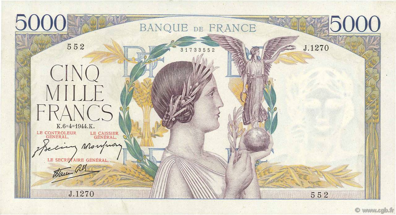 5000 Francs VICTOIRE Impression à plat FRANCE  1944 F.46.51 XF