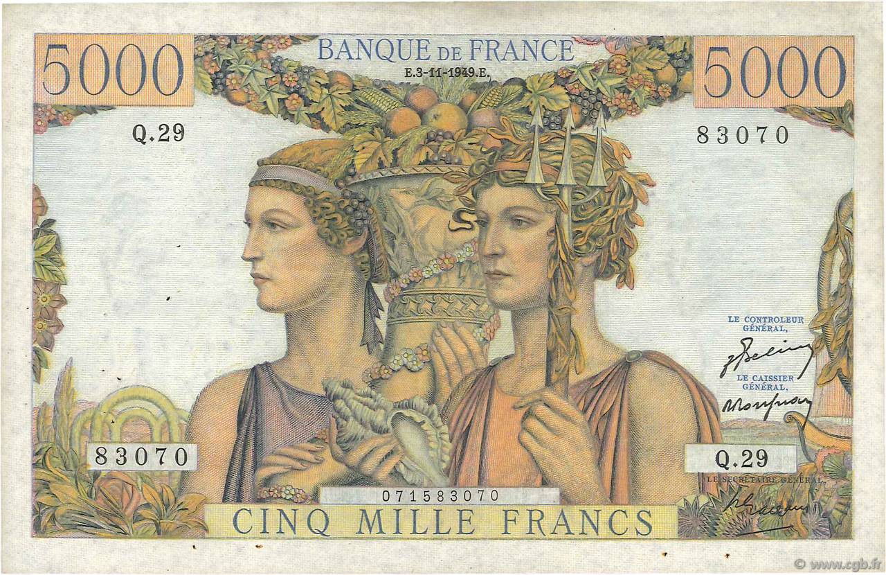 5000 Francs TERRE ET MER FRANCE  1949 F.48.02 pr.TTB