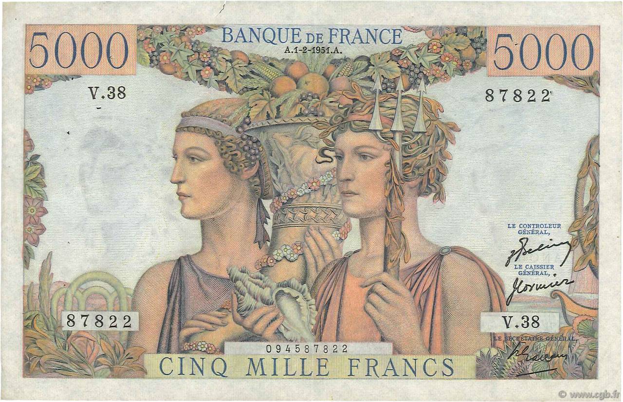 5000 Francs TERRE ET MER FRANCIA  1951 F.48.03 q.BB