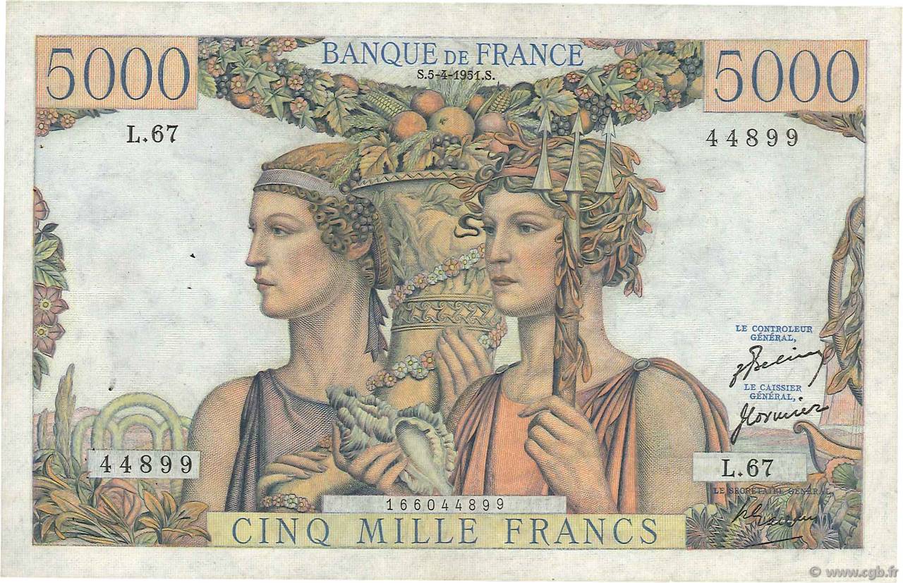 5000 Francs TERRE ET MER FRANCIA  1951 F.48.04 MBC