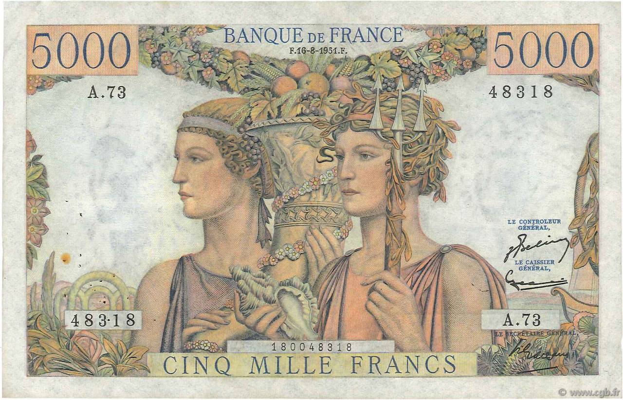 5000 Francs TERRE ET MER FRANCE  1951 F.48.05 VF