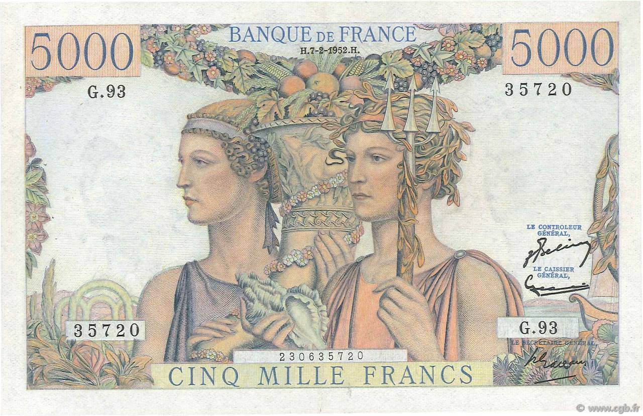 5000 Francs TERRE ET MER FRANKREICH  1952 F.48.06 VZ