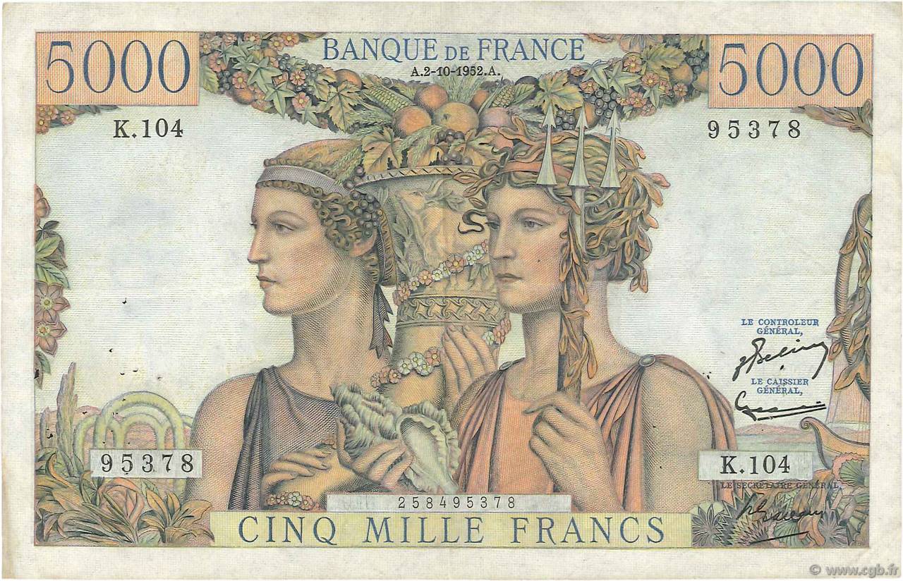 5000 Francs TERRE ET MER FRANKREICH  1952 F.48.07 SS