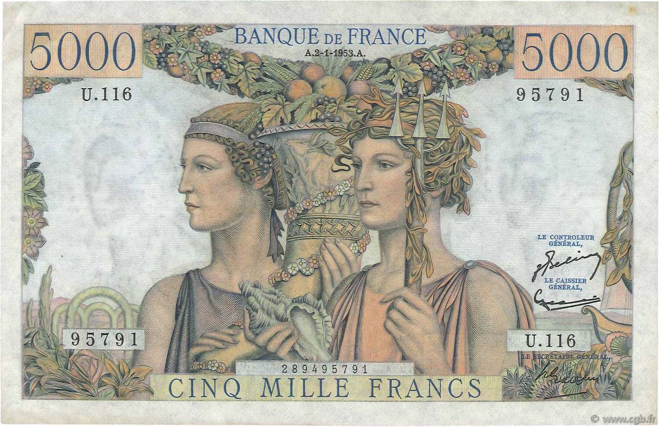 5000 Francs TERRE ET MER FRANKREICH  1953 F.48.08 fVZ