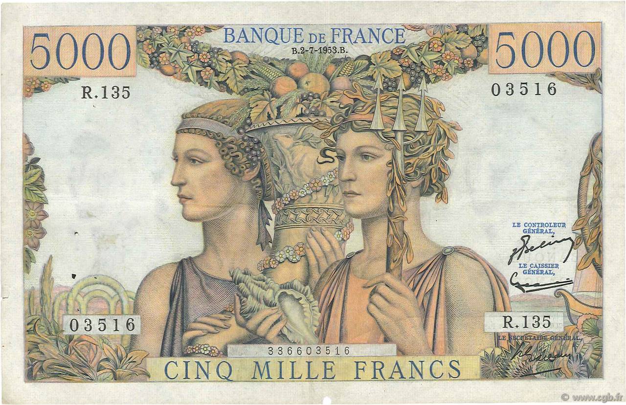 5000 Francs TERRE ET MER FRANCIA  1953 F.48.09 MBC