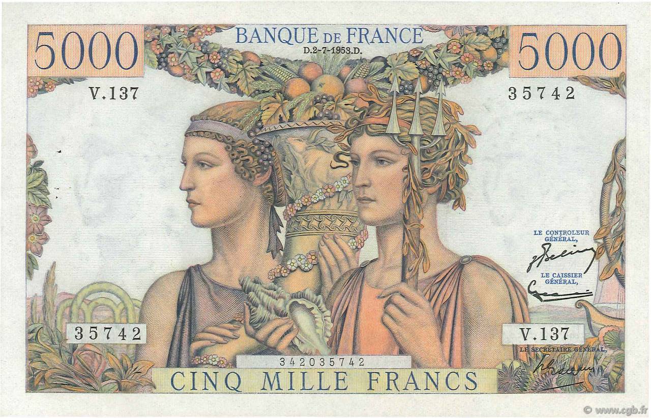 5000 Francs TERRE ET MER FRANCIA  1953 F.48.09 q.AU