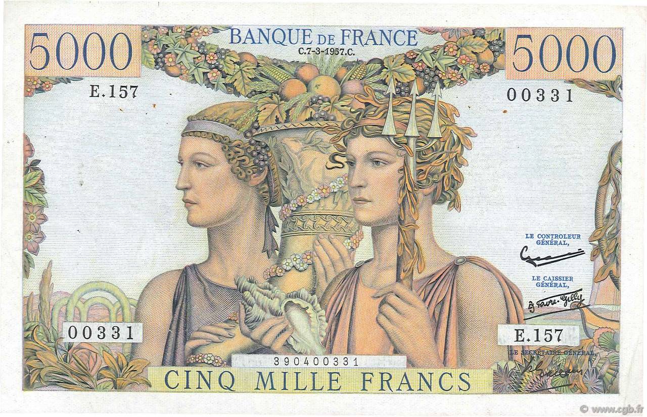 5000 Francs TERRE ET MER FRANCE  1957 F.48.13 VF