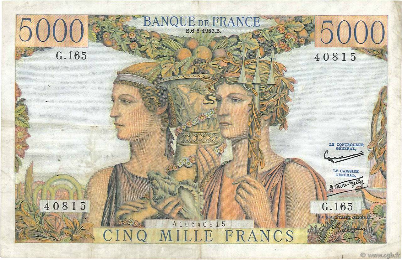 5000 Francs TERRE ET MER FRANCIA  1957 F.48.15 BC+