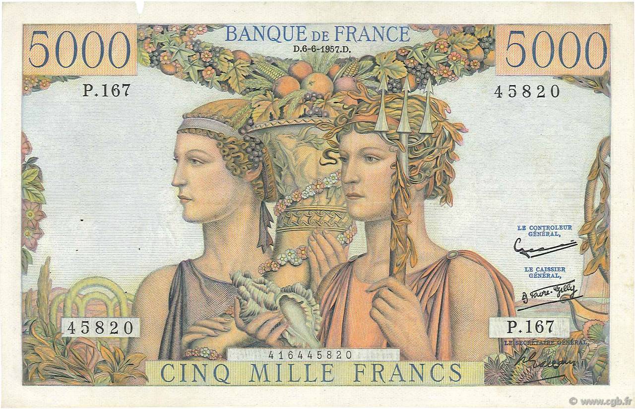 5000 Francs TERRE ET MER FRANCE  1957 F.48.15 VF+