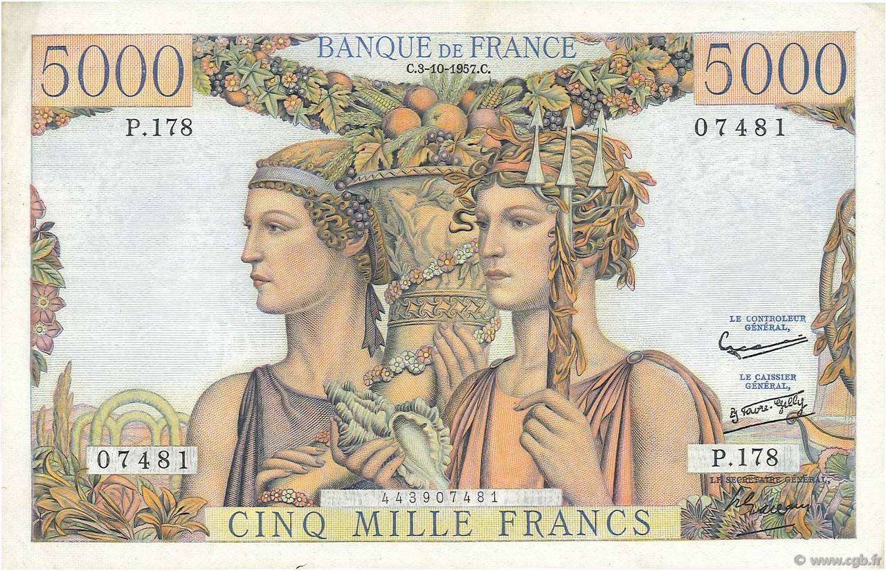 5000 Francs TERRE ET MER FRANCE  1957 F.48.17 XF-