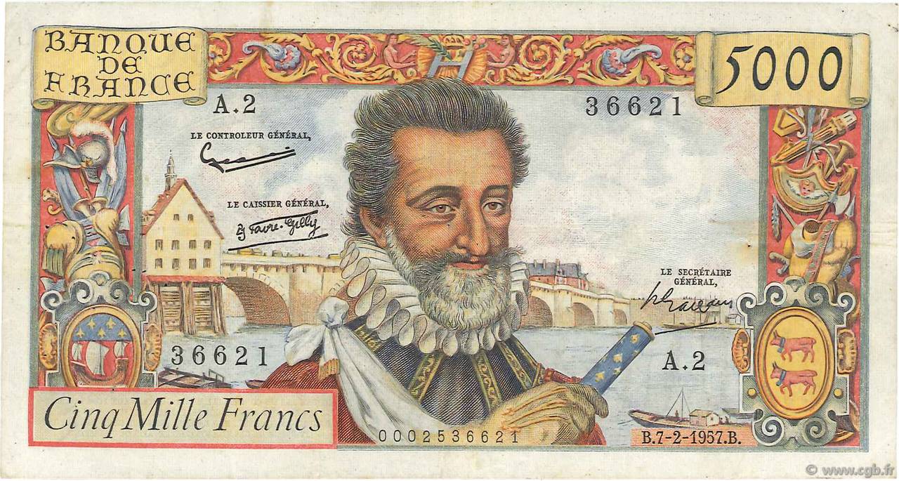 5000 Francs HENRI IV FRANCIA  1957 F.49.01 q.BB