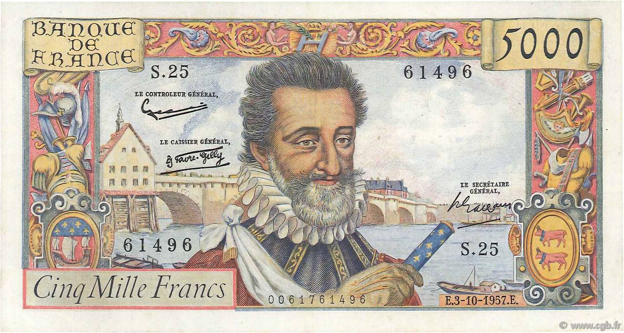 5000 Francs HENRI IV FRANKREICH  1957 F.49.03 VZ