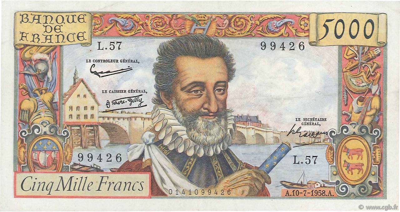 5000 Francs HENRI IV FRANCE  1958 F.49.07 VF