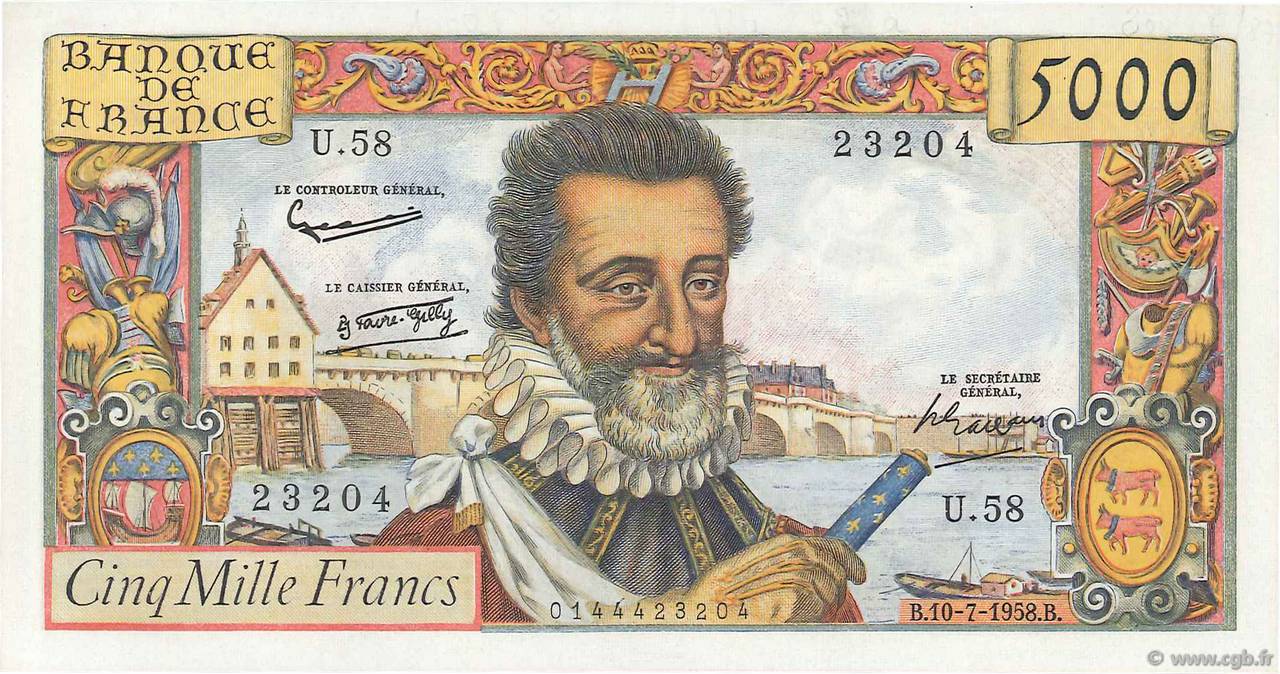 5000 Francs HENRI IV FRANCIA  1958 F.49.07 SC