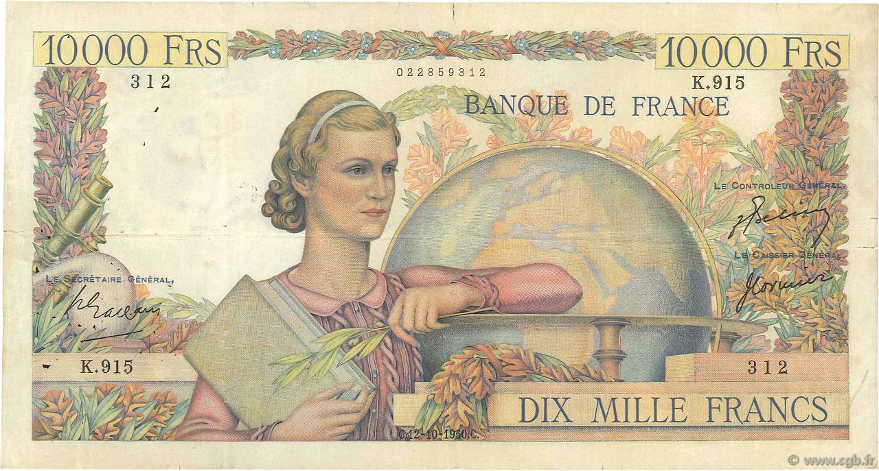 10000 Francs GÉNIE FRANÇAIS FRANCIA  1950 F.50.39 MB