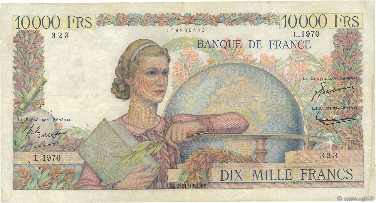 10000 Francs GÉNIE FRANÇAIS FRANCIA  1951 F.50.54 q.MB