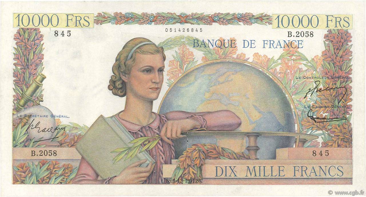 10000 Francs GÉNIE FRANÇAIS FRANCIA  1951 F.50.55 MBC