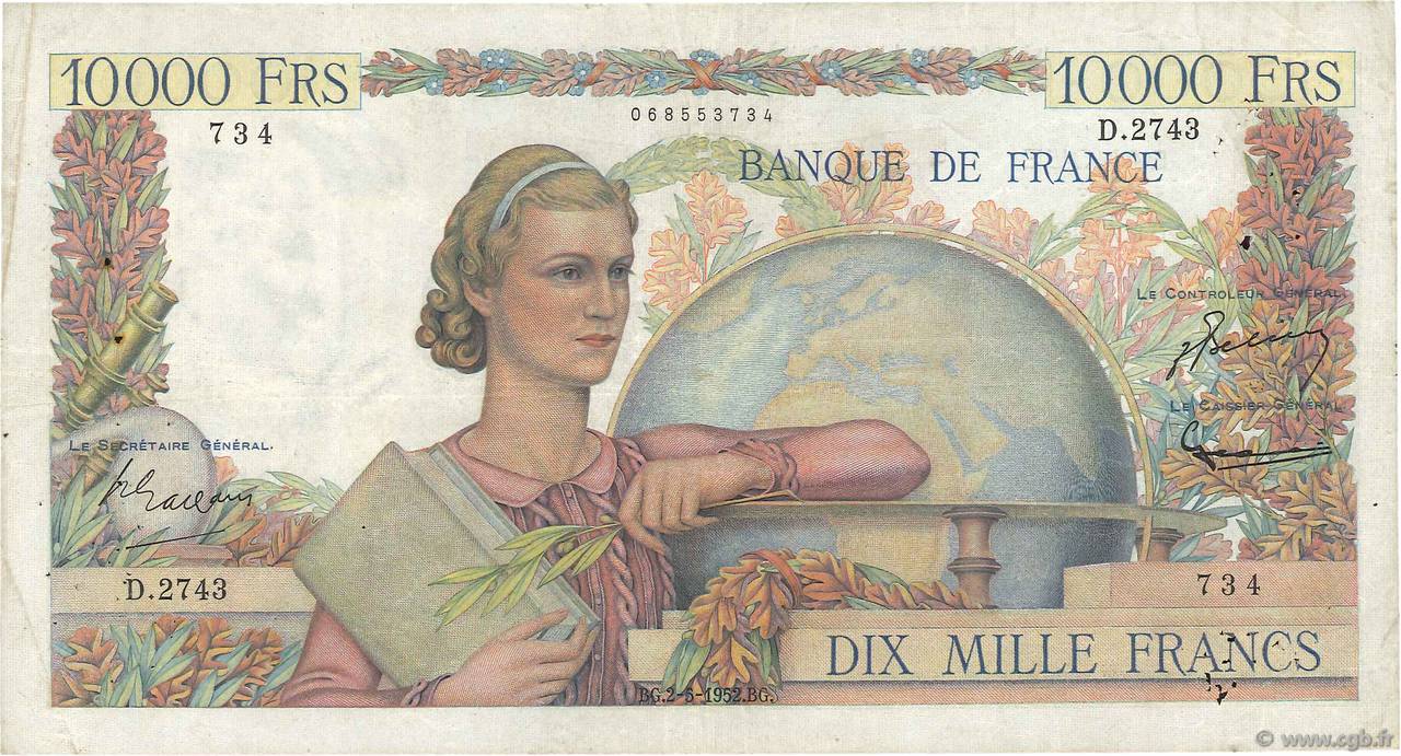 10000 Francs GÉNIE FRANÇAIS FRANCIA  1952 F.50.58 MB