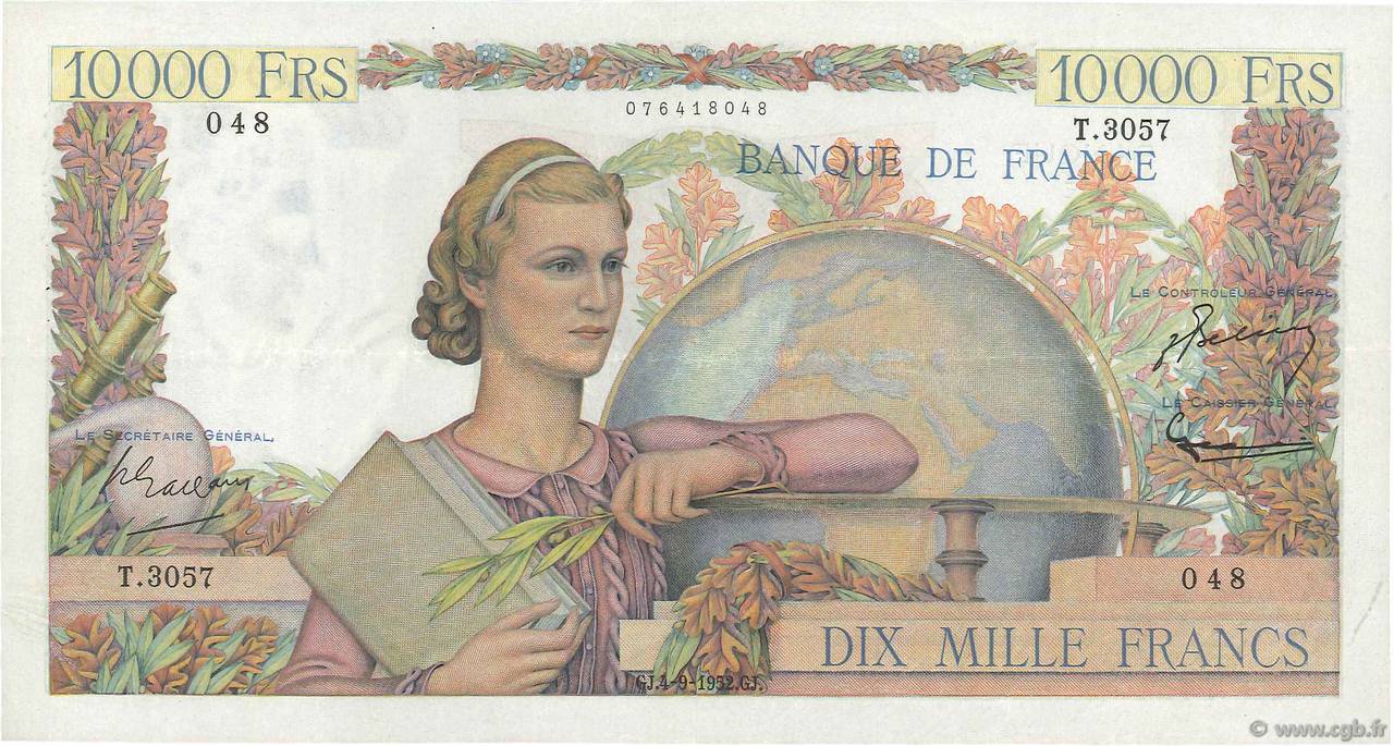 10000 Francs GÉNIE FRANÇAIS FRANCIA  1952 F.50.60 MBC