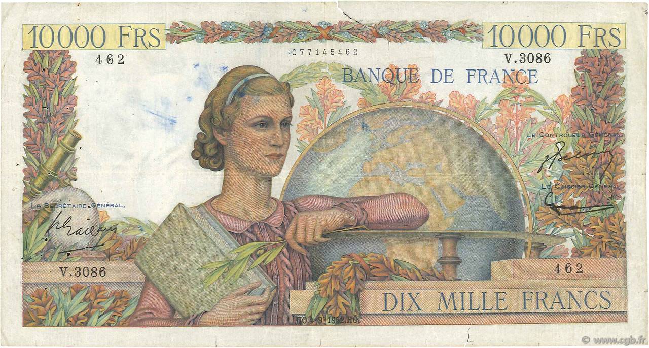 10000 Francs GÉNIE FRANÇAIS FRANCIA  1952 F.50.60 q.MB