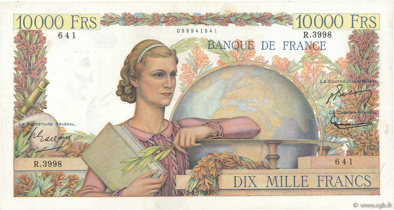 10000 Francs GÉNIE FRANÇAIS FRANCIA  1953 F.50.63 MBC