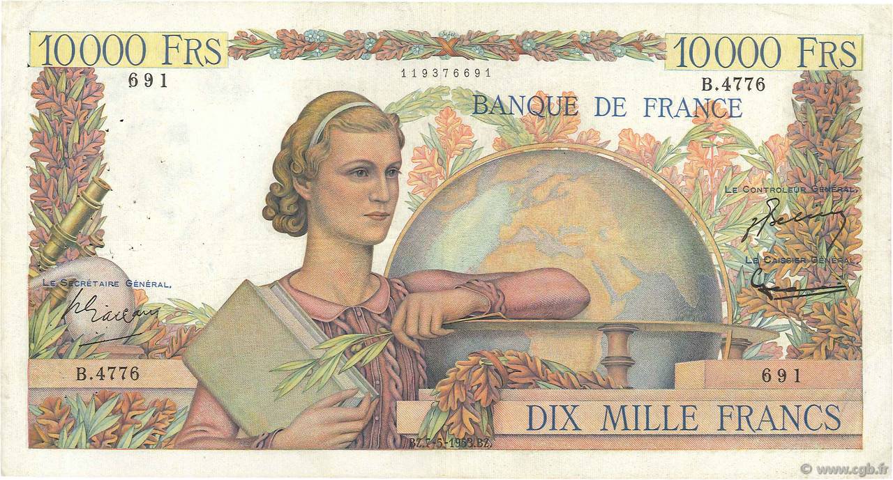 10000 Francs GÉNIE FRANÇAIS FRANCIA  1953 F.50.65 MB