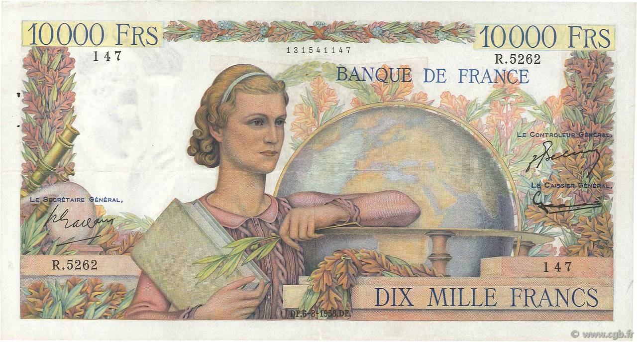 10000 Francs GÉNIE FRANÇAIS FRANCIA  1953 F.50.67 q.SPL