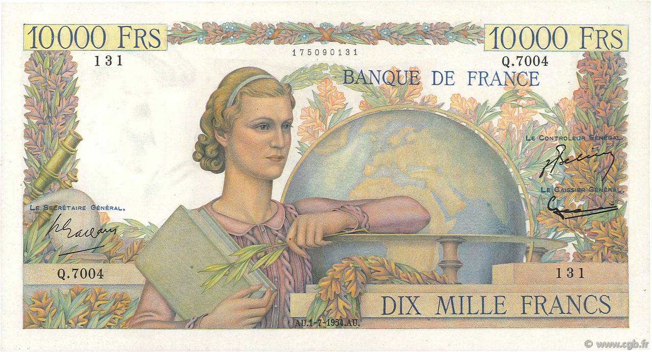 10000 Francs GÉNIE FRANÇAIS FRANCE  1954 F.50.71 VF