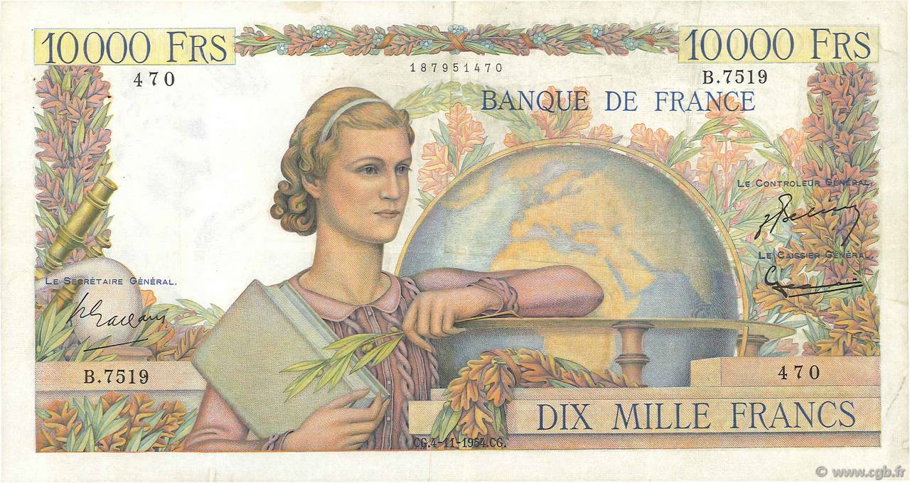 10000 Francs GÉNIE FRANÇAIS FRANCIA  1954 F.50.72 MBC