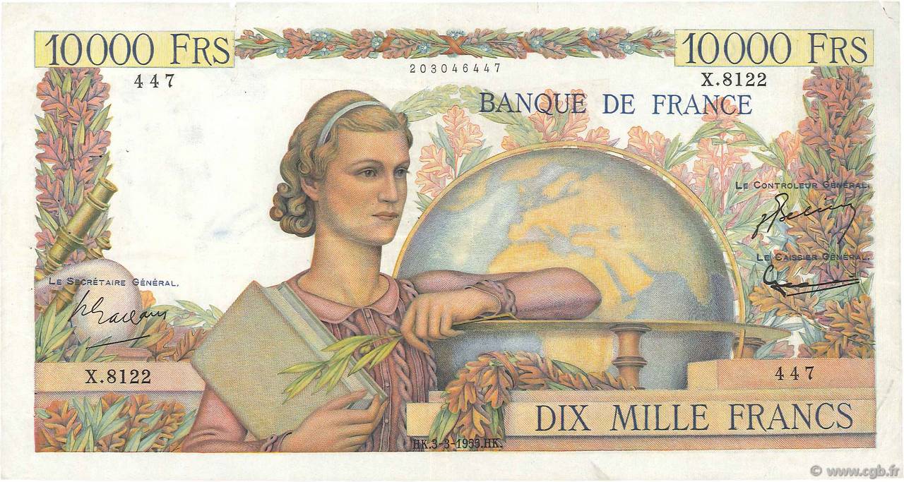 10000 Francs GÉNIE FRANÇAIS FRANCIA  1955 F.50.73 MBC