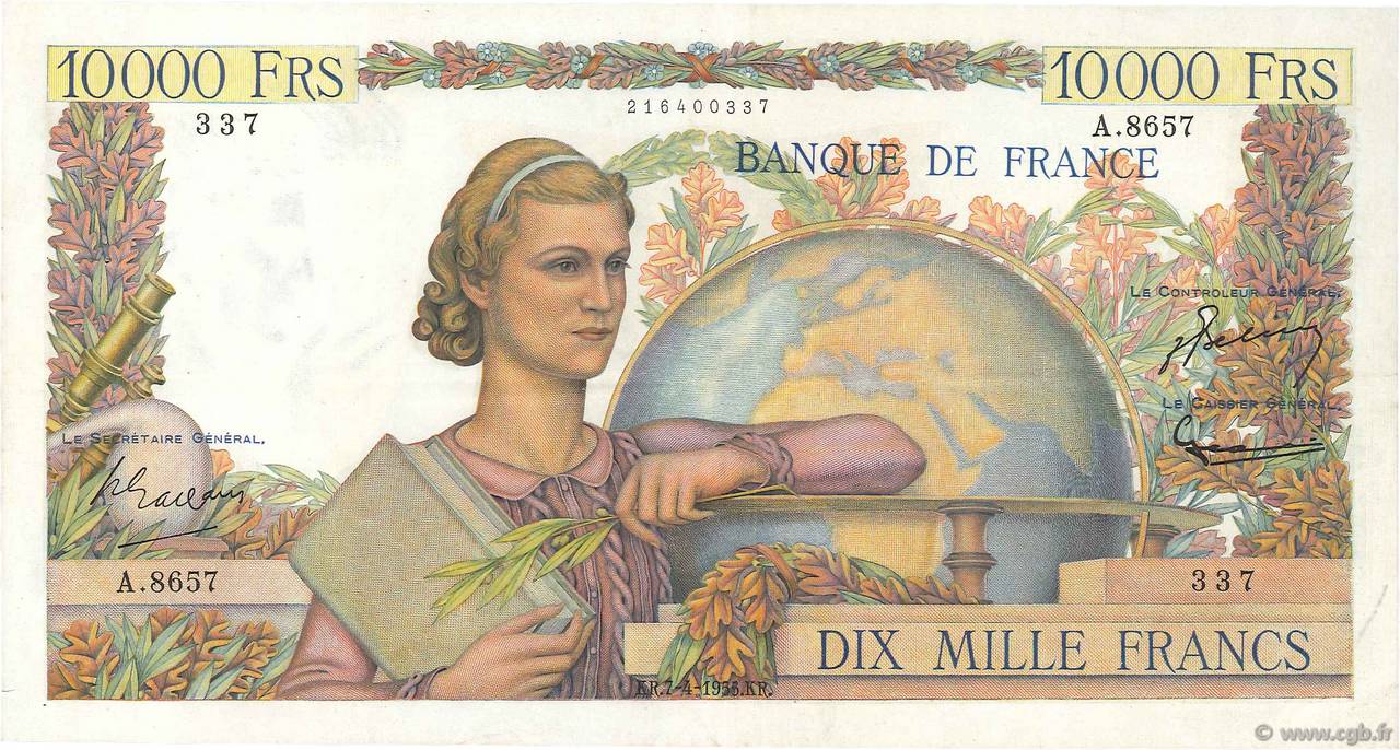 10000 Francs GÉNIE FRANÇAIS FRANCE  1955 F.50.74 VF+