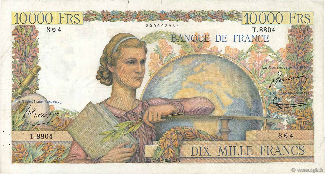 10000 Francs GÉNIE FRANÇAIS FRANKREICH  1955 F.50.74 S