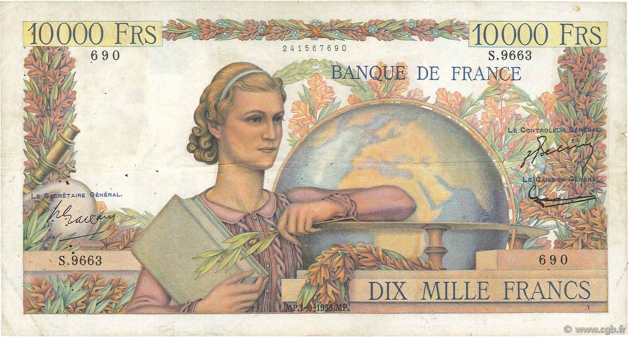 10000 Francs GÉNIE FRANÇAIS FRANCE  1955 F.50.76 VF