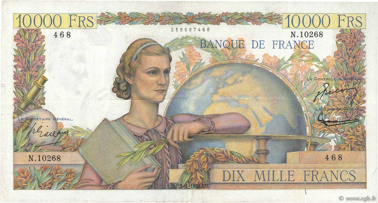 10000 Francs GÉNIE FRANÇAIS FRANCIA  1956 F.50.78 MBC