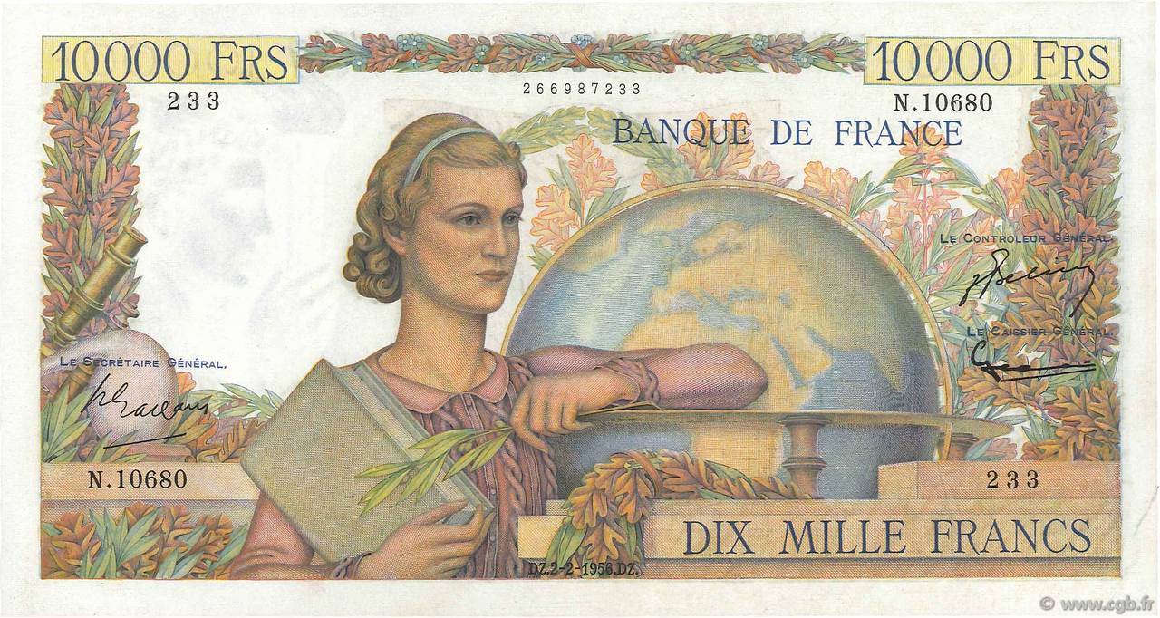 10000 Francs GÉNIE FRANÇAIS FRANKREICH  1956 F.50.79 VZ+
