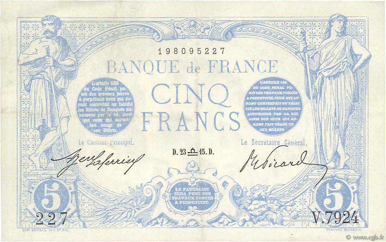 5 Francs BLEU FRANKREICH  1915 F.02.31 fVZ