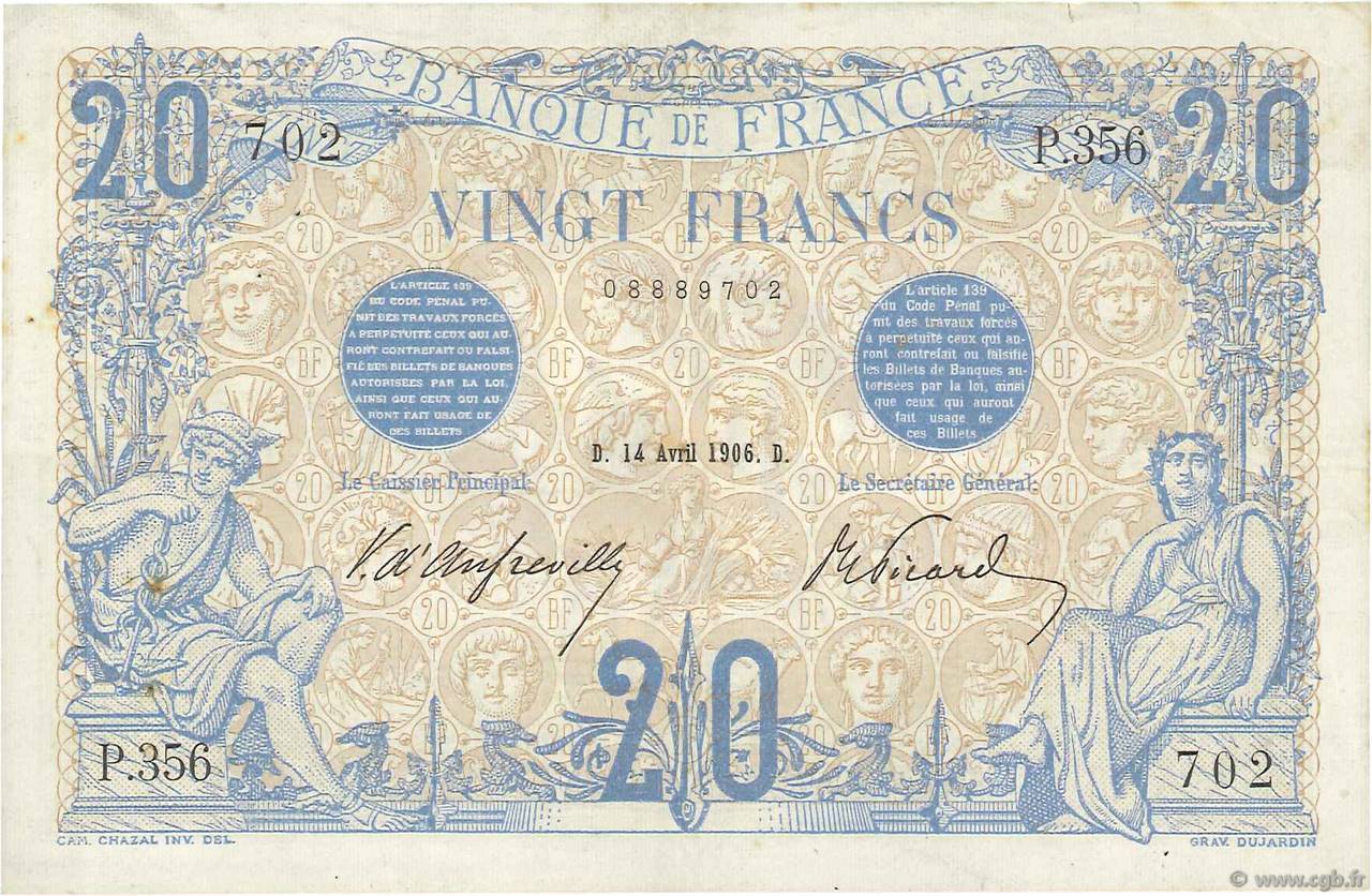 20 Francs BLEU FRANCE  1906 F.10.01 VF